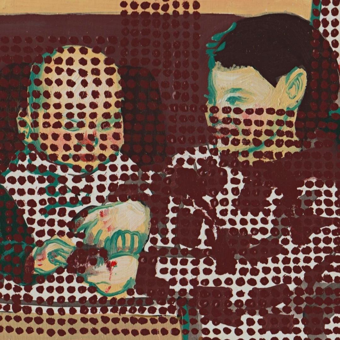 detail shot of a piece from Lauren Bozowy’s painted series, all four of us are there. The work depicts a baby sitting in a chair with a child to their left, looking at them and holding their hands. Rows of maroon-coloured dots overlay areas of the painting, making the image underneath unclear